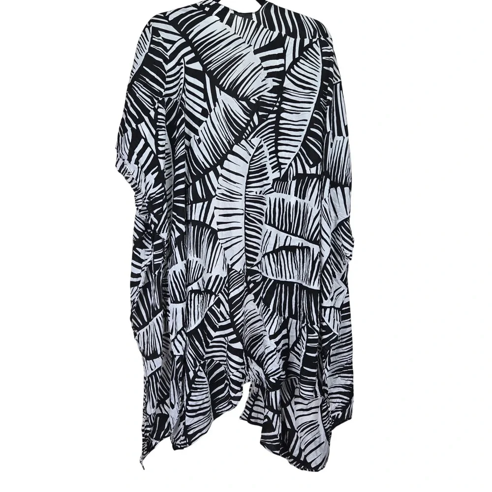 Chico's One Size Black White Palm Leaf Kimono‎ Kaftan Cover Up Beach Resortwear